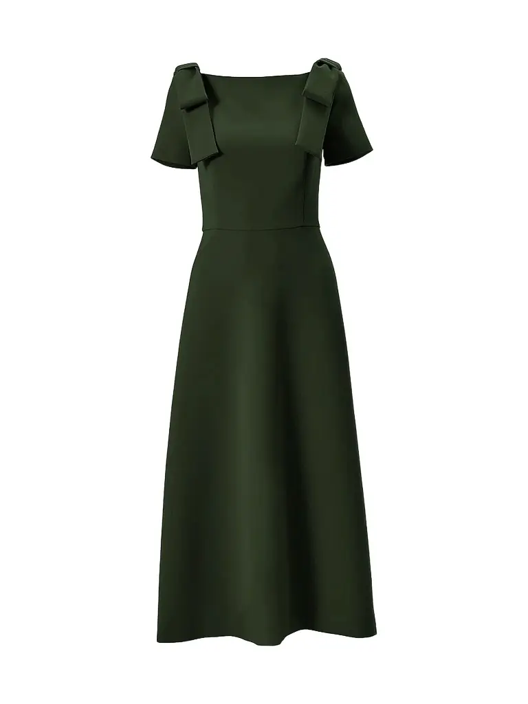 Carolina Herrera Women's Boatneck Bow Shoulder Short-Sleeve Midi Dress - Forest Green | Image 1 Carolina Herrera Women's Boatneck Bow Shoulder Short-Sleeve Midi Dress - Forest Green | Image 1