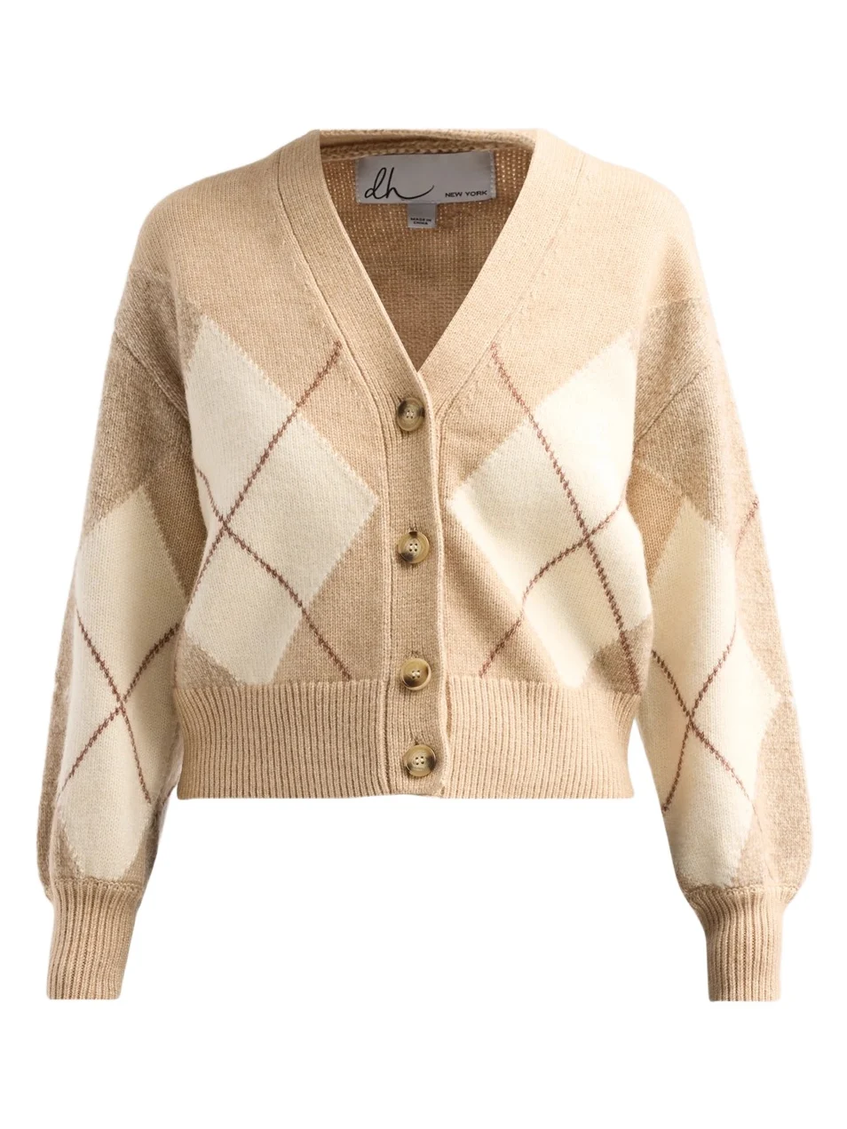 dh New York Women's Casette Argyle V-Neck Cardigan