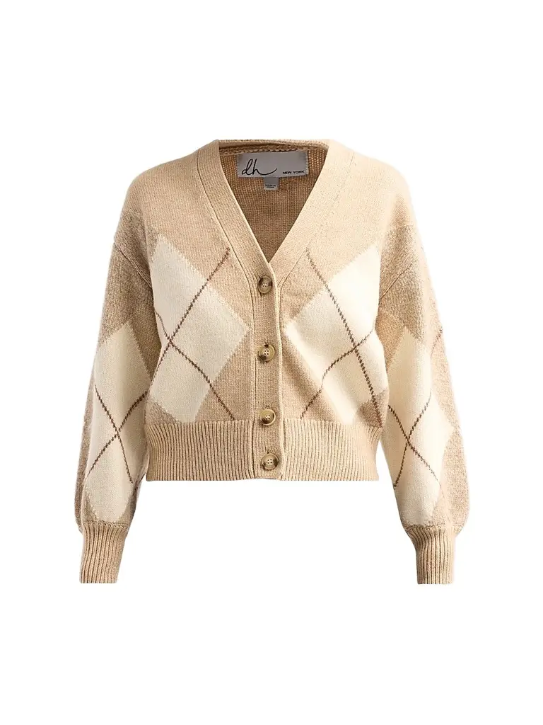 Design History Women's Casette Argyle V-Neck Cardigan - Almond Combo | Image 1 Design History Women's Casette Argyle V-Neck Cardigan - Almond Combo | Image 1