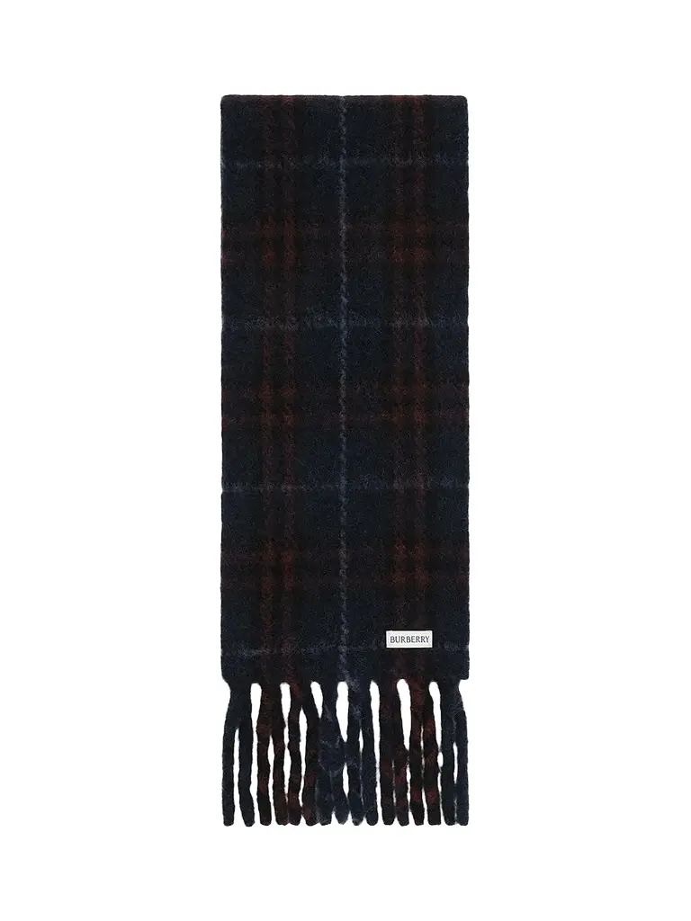 Burberry Men's Narrow Check Alpaca-Wool-Blend Scarf - Midnight Blue | Image 1 Burberry Men's Narrow Check Alpaca-Wool-Blend Scarf - Midnight Blue | Image 1