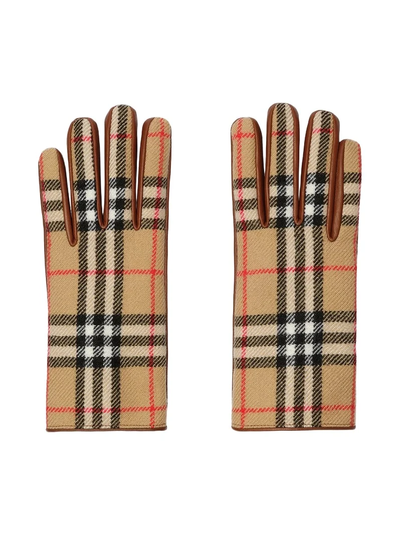 Burberry Men's Check-Wool & Leather Gloves - Archive Beige