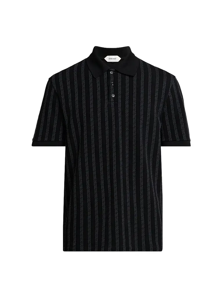 Versace Men's Greca Jacquard Cotton Polo Shirt - Black Grey | Image 1 Versace Men's Greca Jacquard Cotton Polo Shirt - Black Grey | Image 1