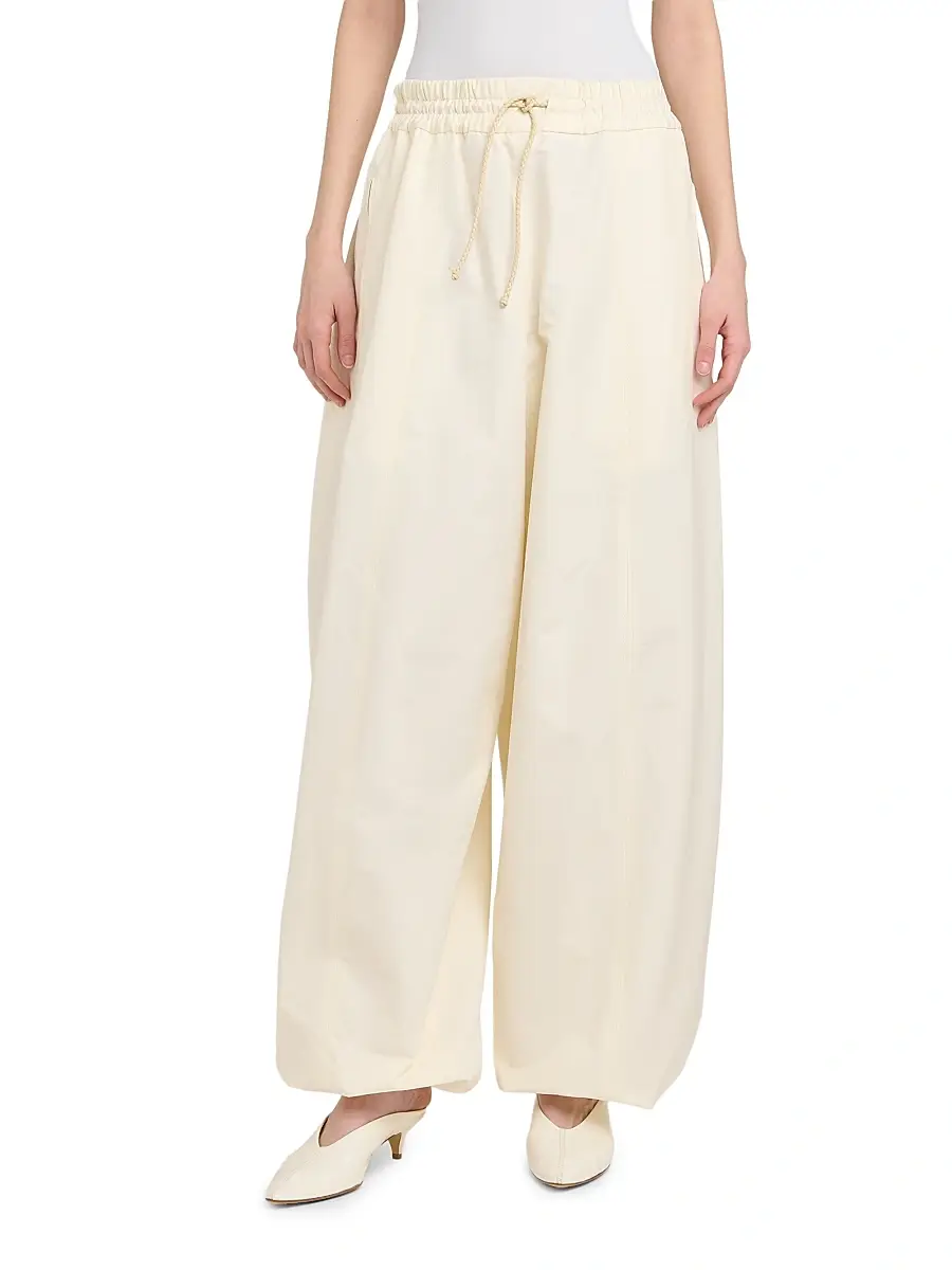 Bottega Veneta Women's Intrecciato-Drawstring Cotton Toile Wide-Leg Trousers | Thumbnail 3 Bottega Veneta Women's Intrecciato-Drawstring Cotton Toile Wide-Leg Trousers | Thumbnail 3