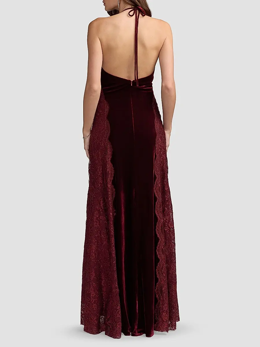 Mac Duggal Women's Velvet Lace-Accented Halterneck Column Gown | Thumbnail 2 Mac Duggal Women's Velvet Lace-Accented Halterneck Column Gown | Thumbnail 2