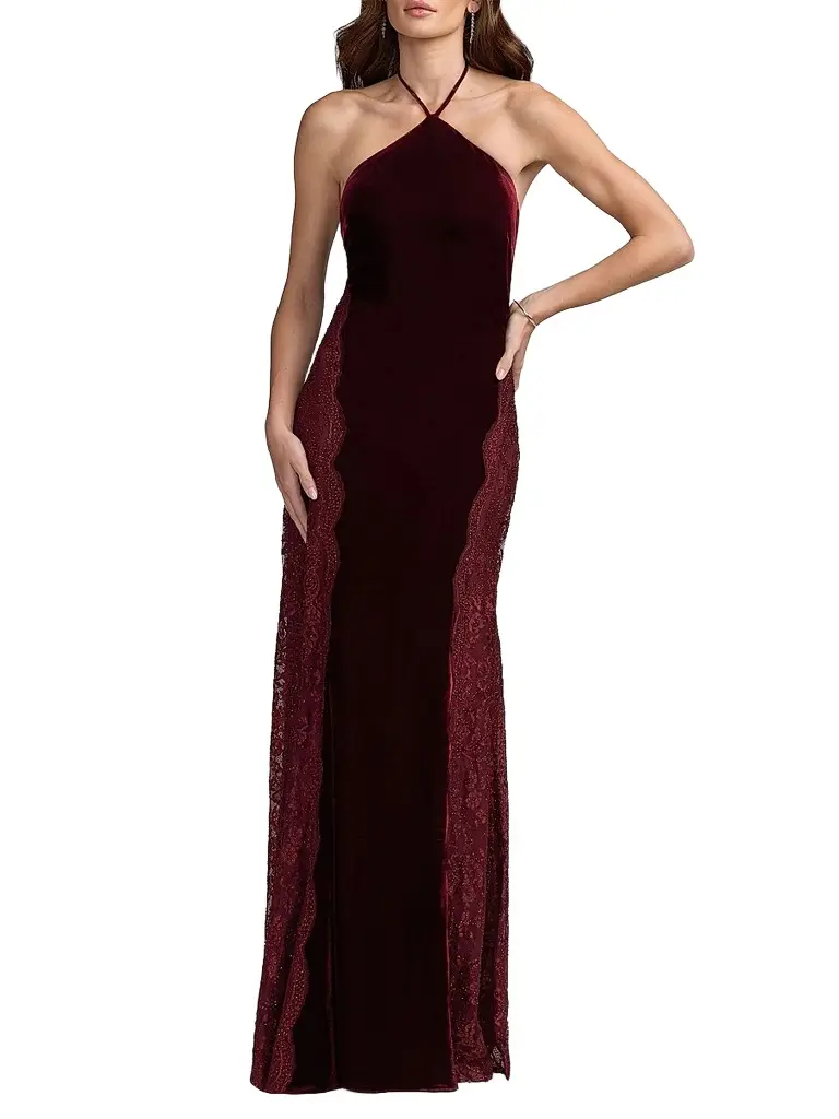 Mac Duggal Women's Velvet Lace-Accented Halterneck Column Gown
