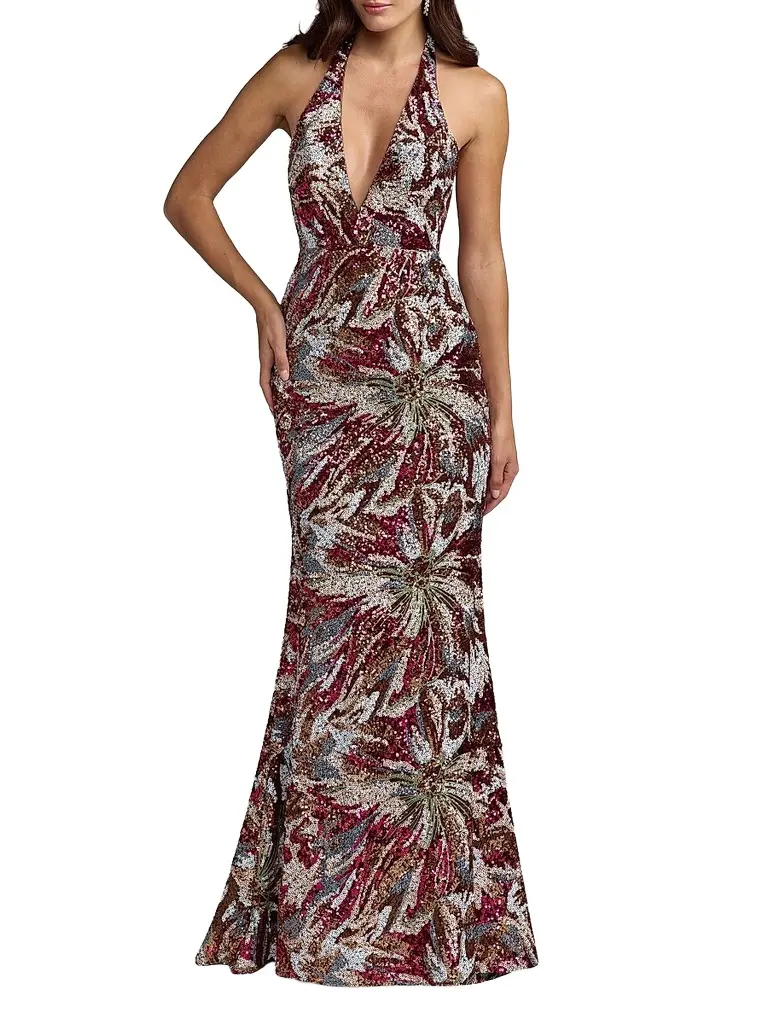 Mac Duggal Women's Floral Sequin Open Back Gown
