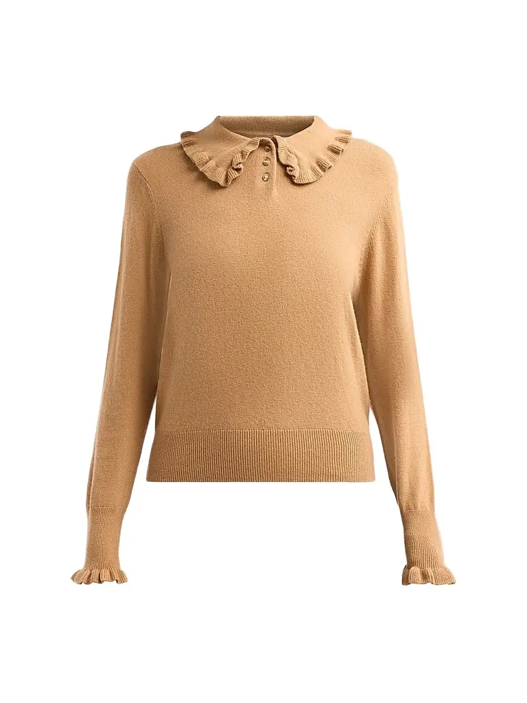 Design History Women's Sophie Ruffle Collar Polo Top - Camel | Image 1 Design History Women's Sophie Ruffle Collar Polo Top - Camel | Image 1