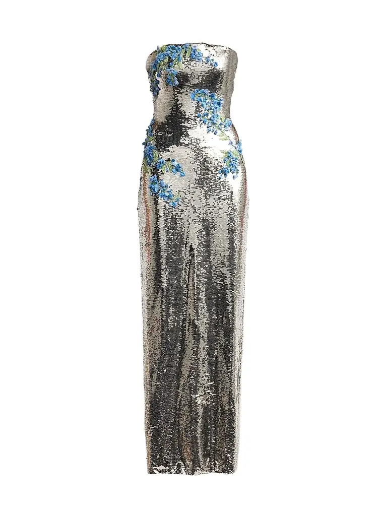 MONIQUE LHUILLIER Women's Floral-Sequined Strapless Column Gown - Rhubarb | Image 1 MONIQUE LHUILLIER Women's Floral-Sequined Strapless Column Gown - Rhubarb | Image 1