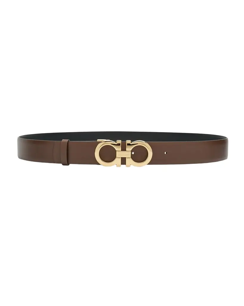 Ferragamo Gancini Reversible Brown Leather & Brass Belt | Image 1 Ferragamo Gancini Reversible Brown Leather & Brass Belt | Image 1