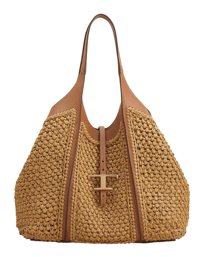 Tod's Medium Raffia T Timeless Tote Shopping Bag
