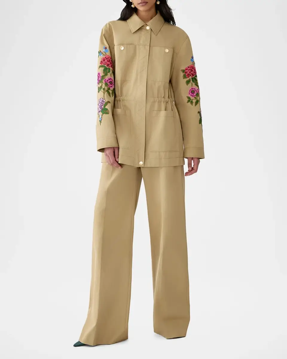 Carolina Herrera Floral Embroidered Cotton Twill Zip Utility Jacket | Thumbnail 2 Carolina Herrera Floral Embroidered Cotton Twill Zip Utility Jacket | Thumbnail 2