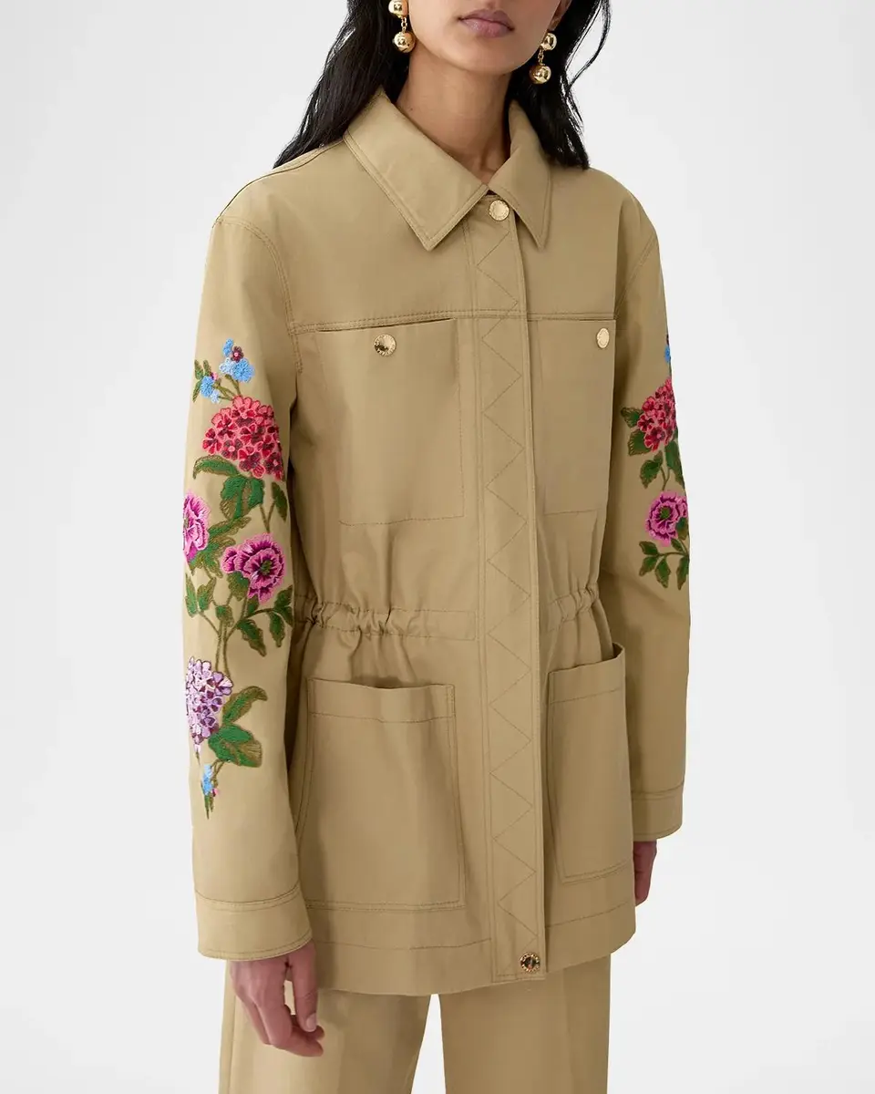 Carolina Herrera Floral Embroidered Cotton Twill Zip Utility Jacket | Thumbnail 4 Carolina Herrera Floral Embroidered Cotton Twill Zip Utility Jacket | Thumbnail 4