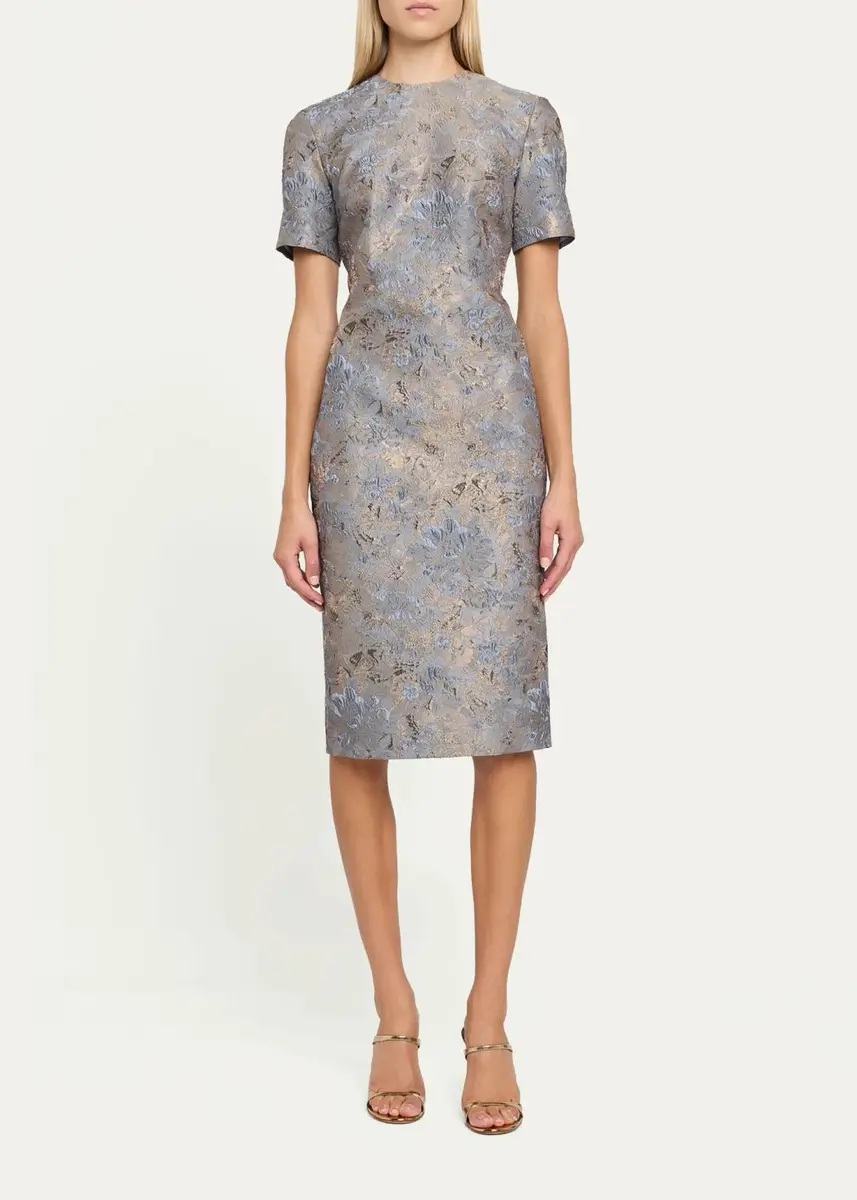 PRABAL GURUNG Short-Sleeve Metallic Floral Jacquard Sheath Dress | Thumbnail 2 PRABAL GURUNG Short-Sleeve Metallic Floral Jacquard Sheath Dress | Thumbnail 2