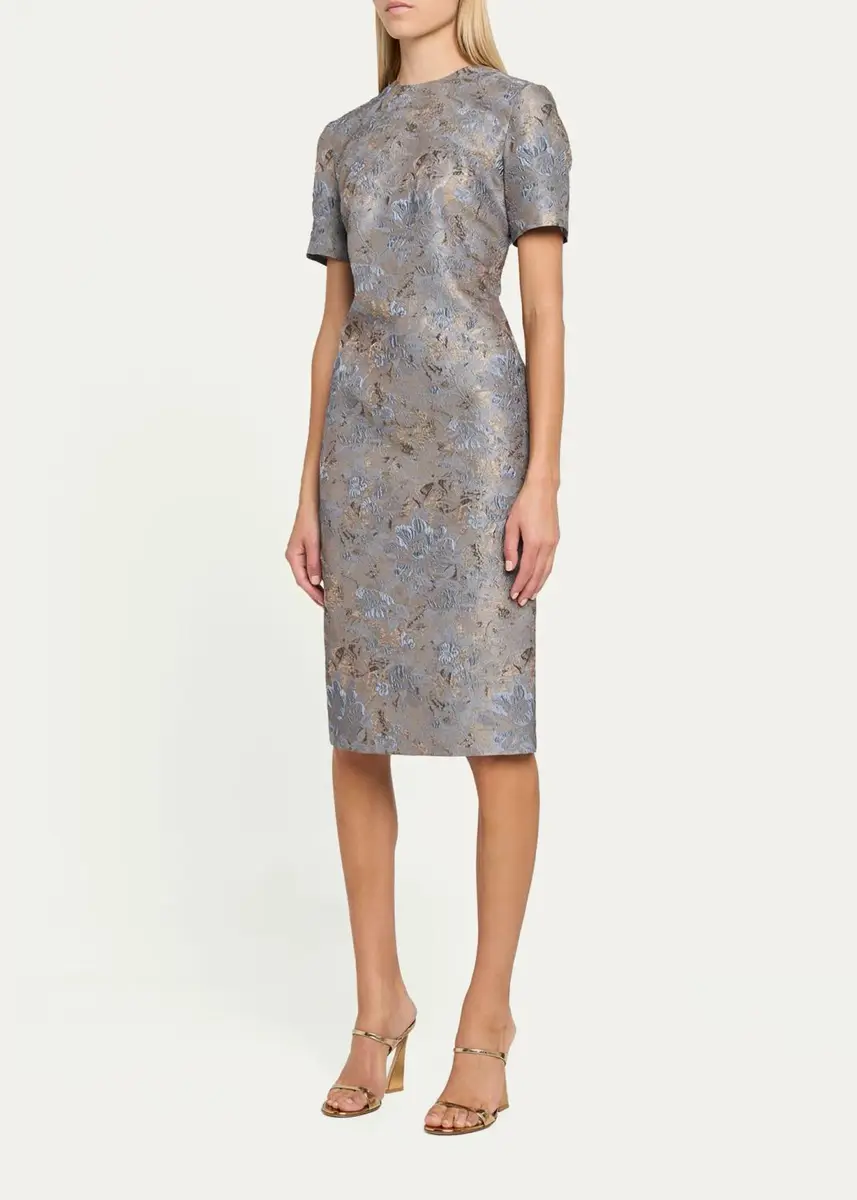 PRABAL GURUNG Short-Sleeve Metallic Floral Jacquard Sheath Dress | Thumbnail 4 PRABAL GURUNG Short-Sleeve Metallic Floral Jacquard Sheath Dress | Thumbnail 4