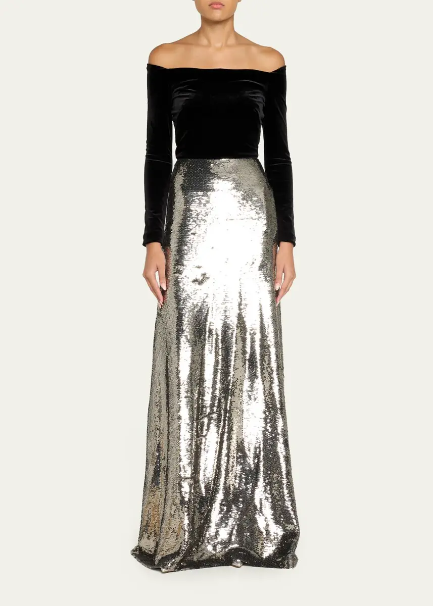 MONIQUE LHUILLIER Off-The-Shoulder Velvet Long-Sleeve Sequined Gown | Thumbnail 2 MONIQUE LHUILLIER Off-The-Shoulder Velvet Long-Sleeve Sequined Gown | Thumbnail 2