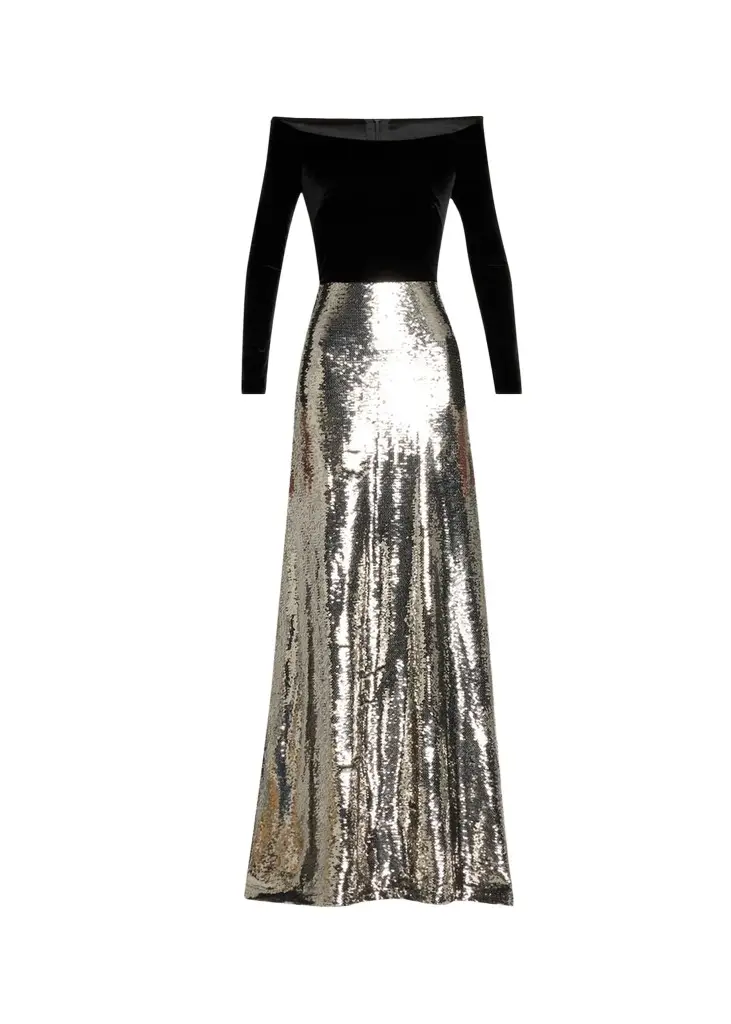 MONIQUE LHUILLIER Off-The-Shoulder Velvet Long-Sleeve Sequined Gown | Image 1 MONIQUE LHUILLIER Off-The-Shoulder Velvet Long-Sleeve Sequined Gown | Image 1