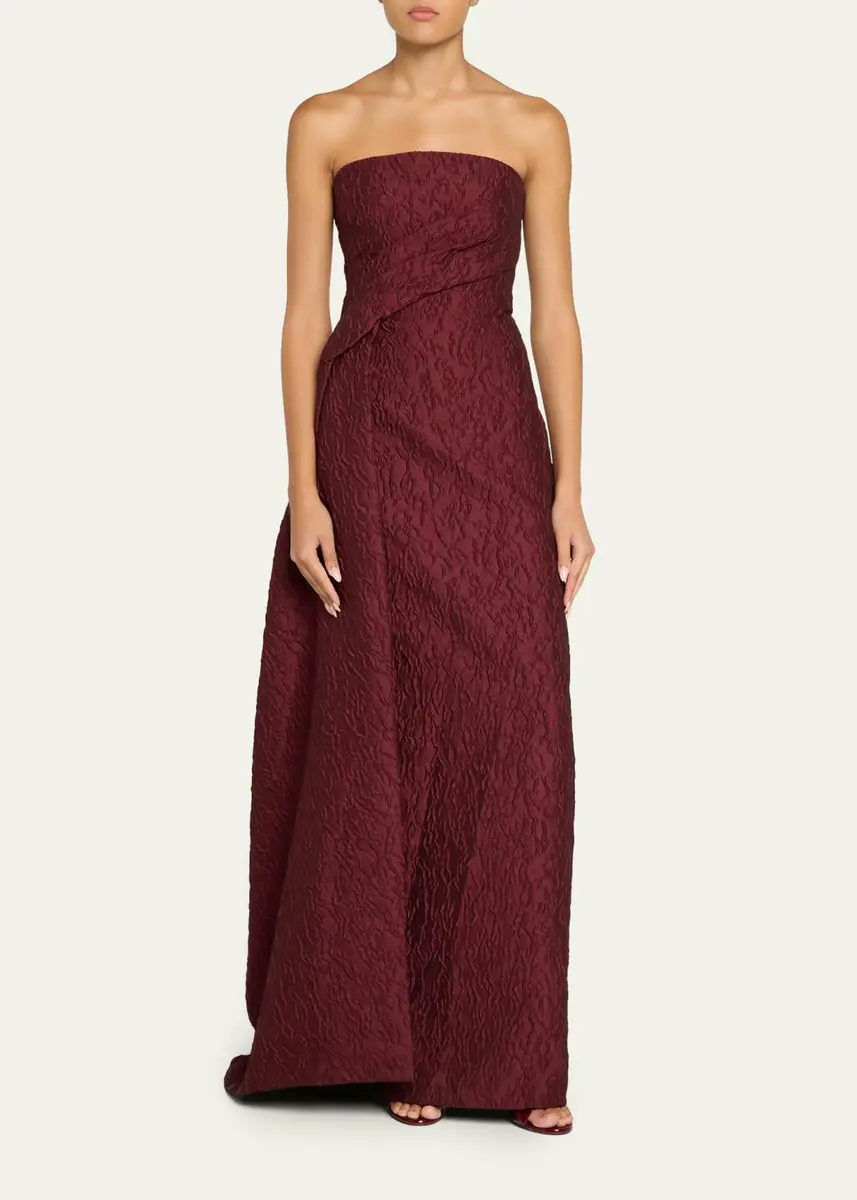 MONIQUE LHUILLIER Strapless Textured Jacquard Draped Train Column Gown | Thumbnail 2