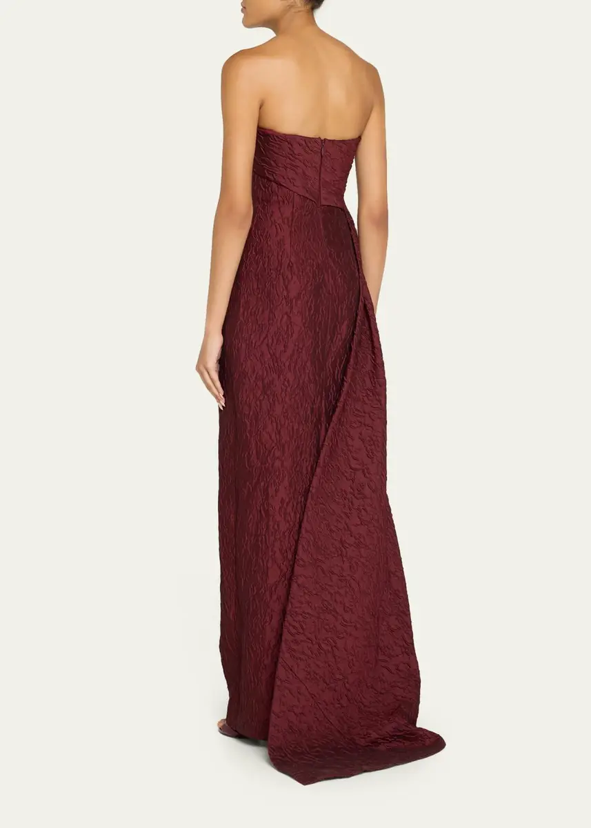 MONIQUE LHUILLIER Strapless Textured Jacquard Draped Train Column Gown | Thumbnail 3