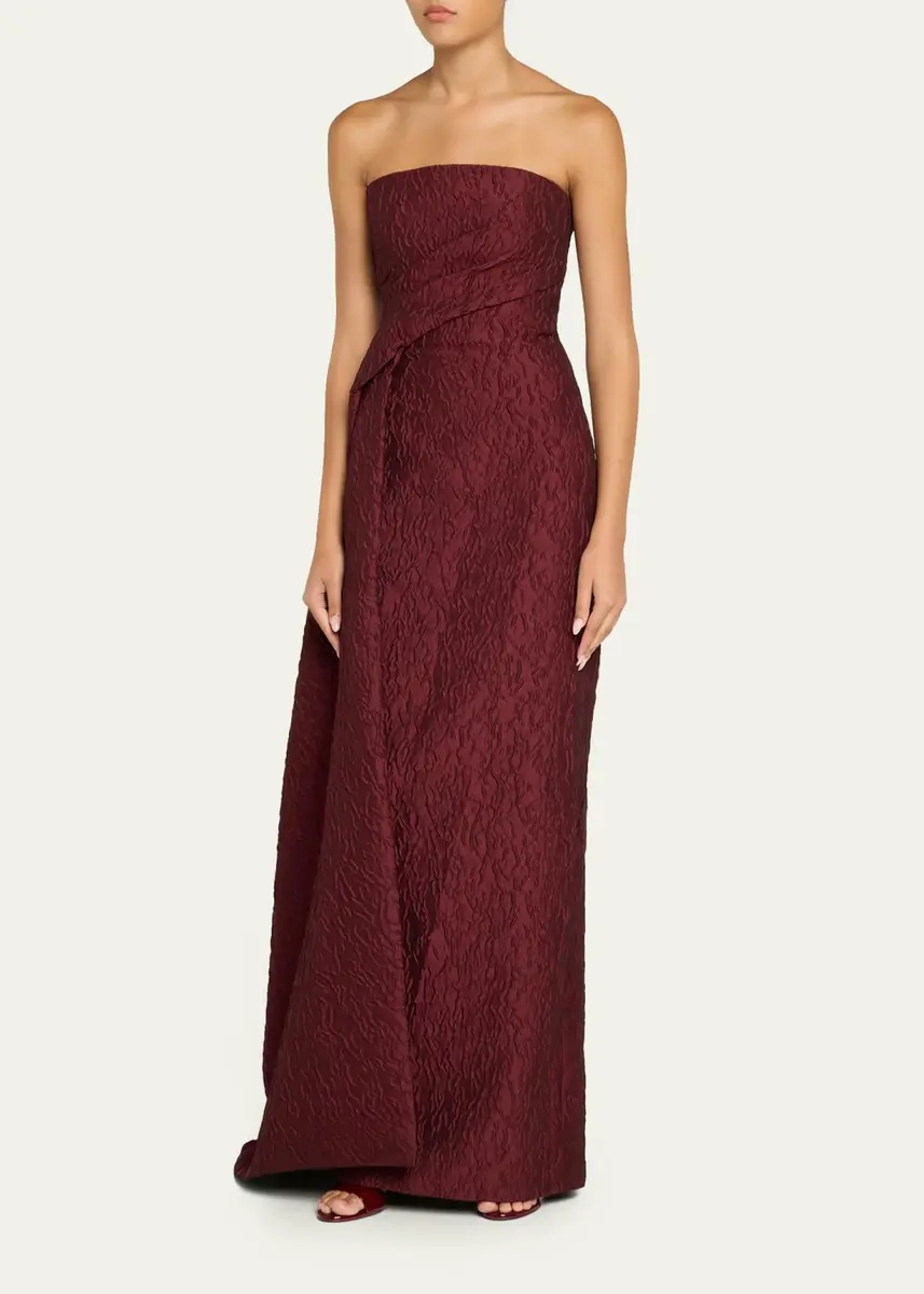 MONIQUE LHUILLIER Strapless Textured Jacquard Draped Train Column Gown | Thumbnail 4