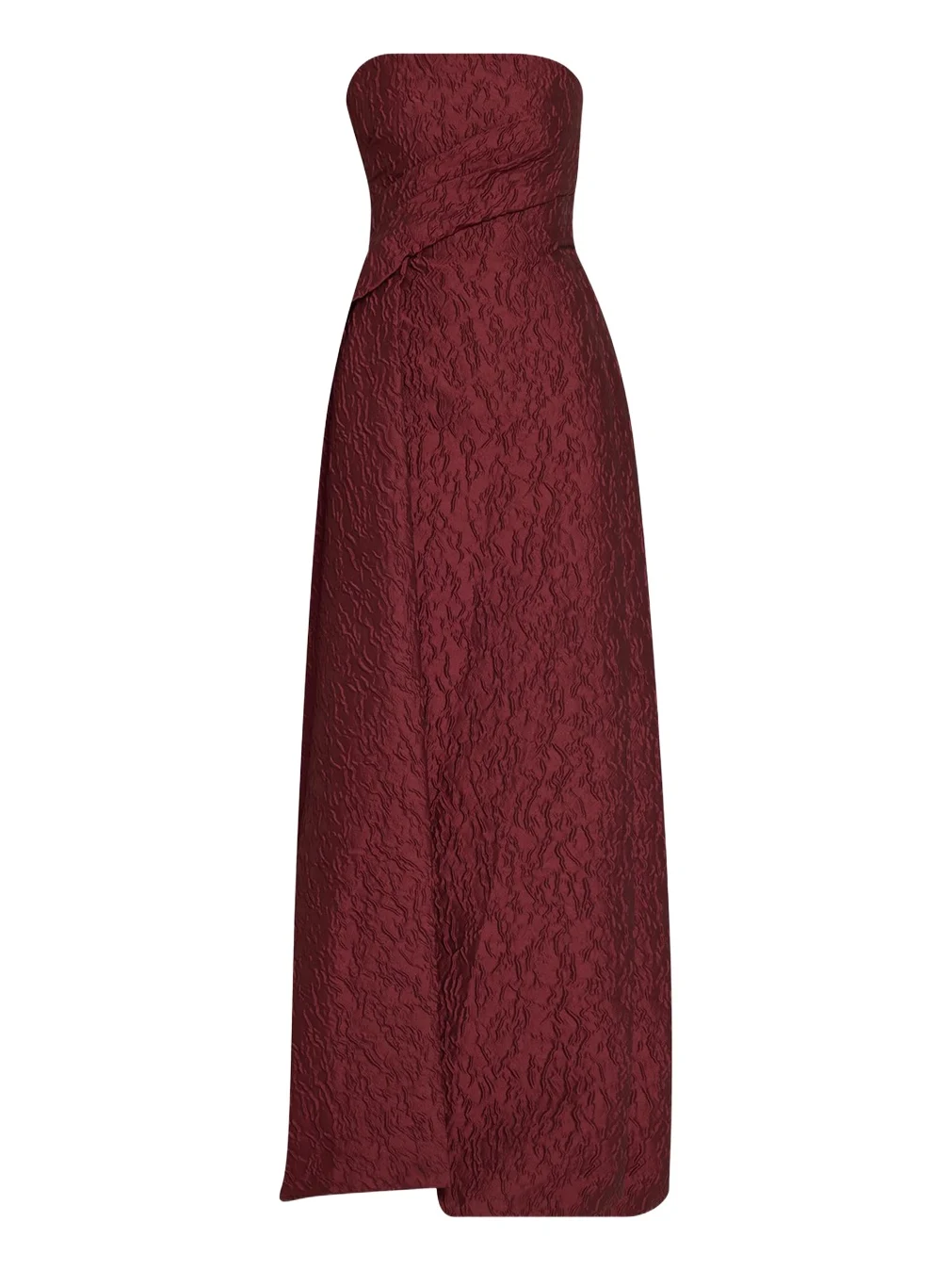Strapless Textured Jacquard Draped Train Column Gown