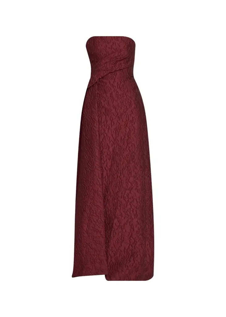 MONIQUE LHUILLIER Strapless Textured Jacquard Draped Train Column Gown | Image 1 MONIQUE LHUILLIER Strapless Textured Jacquard Draped Train Column Gown | Image 1