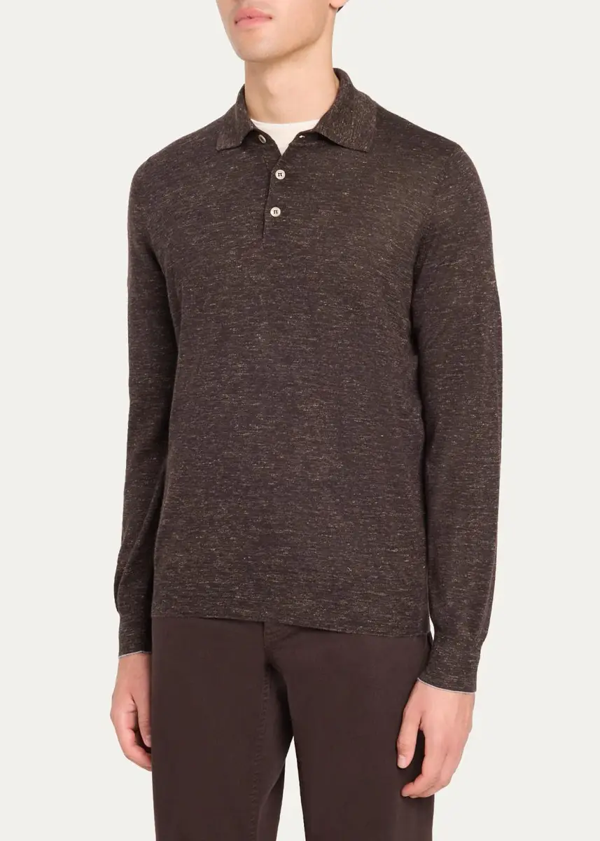 Brunello Cucinelli Men's Melange Cashmere-Blend Polo Sweater | Thumbnail 4 Brunello Cucinelli Men's Melange Cashmere-Blend Polo Sweater | Thumbnail 4