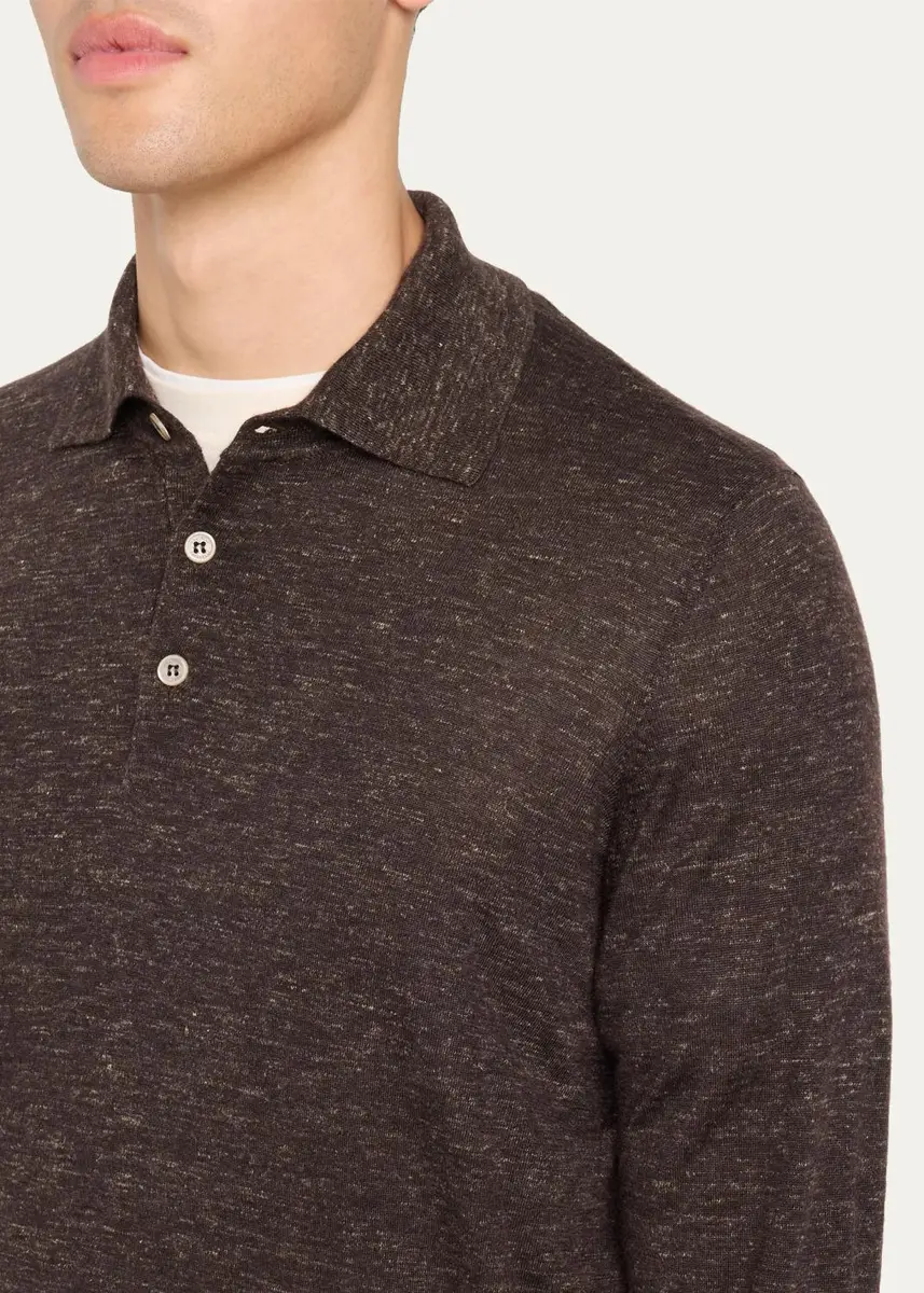 Brunello Cucinelli Men's Melange Cashmere-Blend Polo Sweater | Thumbnail 5 Brunello Cucinelli Men's Melange Cashmere-Blend Polo Sweater | Thumbnail 5