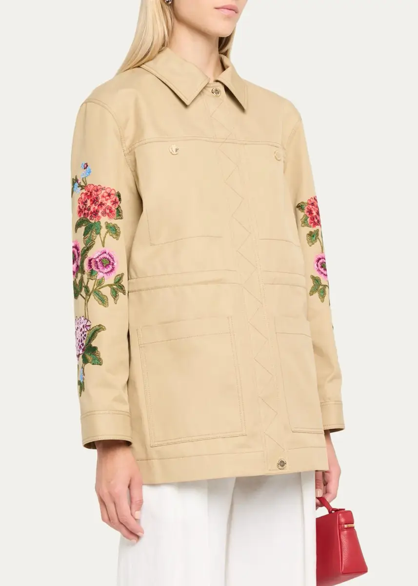 Carolina Herrera Floral Embroidered Cotton Twill Zip Utility Jacket | Thumbnail 4 Carolina Herrera Floral Embroidered Cotton Twill Zip Utility Jacket | Thumbnail 4