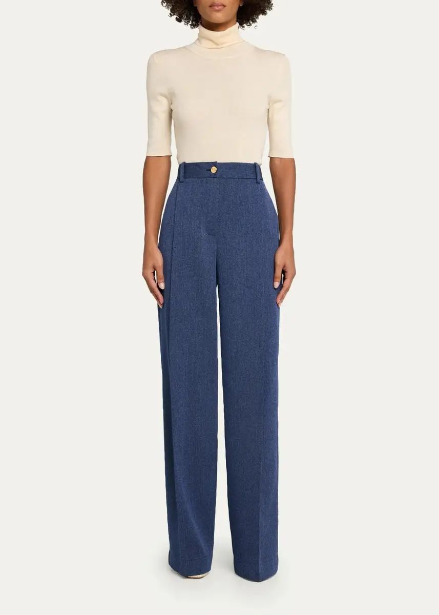 Oscar de la Renta Wool Drill Tailored Wide-Leg Trousers | Thumbnail 2