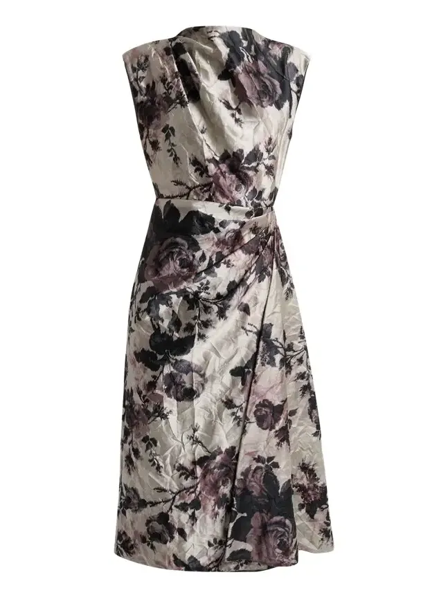 Draped Floral Satin Midi Dress