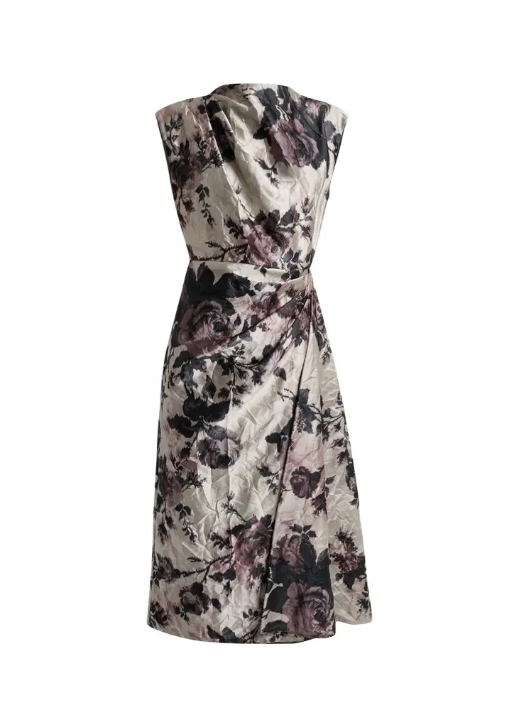 Erdem Draped Floral Satin Midi Dress | Image 1 Erdem Draped Floral Satin Midi Dress | Image 1