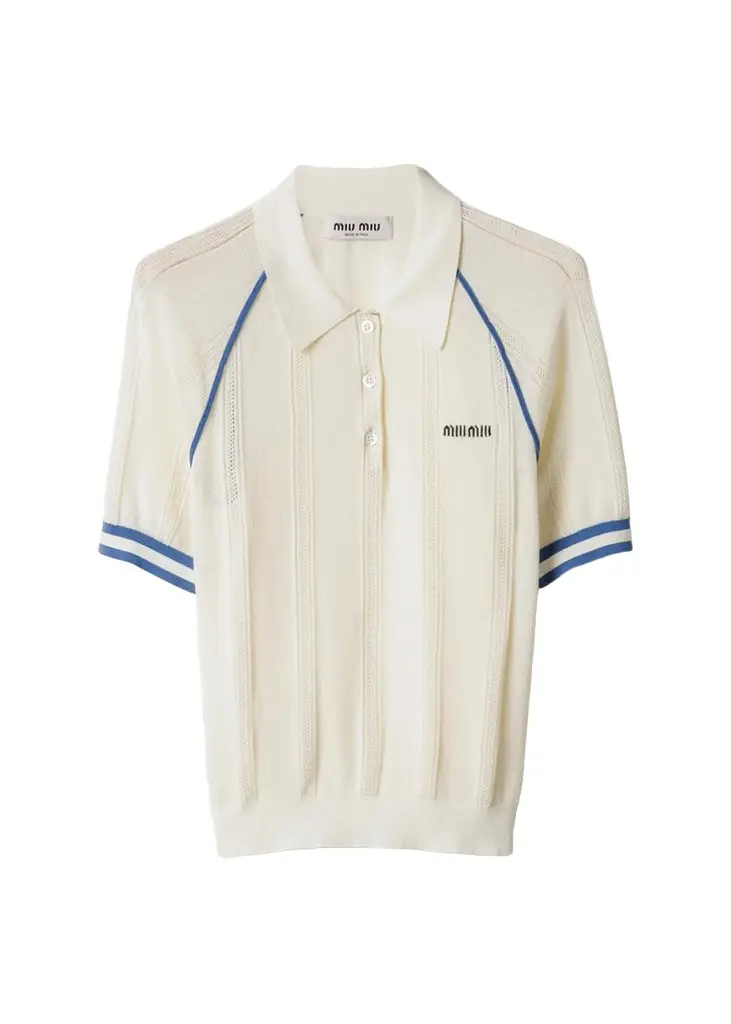 Miu Miu Contrast-Striped Cotton-Blend Polo Shirt | Image 1 Miu Miu Contrast-Striped Cotton-Blend Polo Shirt | Image 1