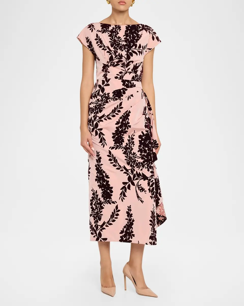 Lela Rose Flocked Taffeta Pleated Drape Midi Dress | Thumbnail 2 Lela Rose Flocked Taffeta Pleated Drape Midi Dress | Thumbnail 2