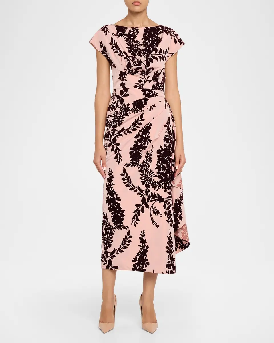 Lela Rose Flocked Taffeta Pleated Drape Midi Dress | Thumbnail 4 Lela Rose Flocked Taffeta Pleated Drape Midi Dress | Thumbnail 4