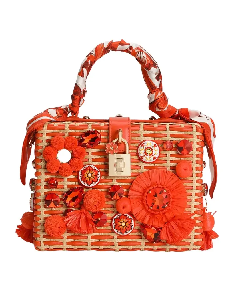Dolce & Gabbana Maiolica Arancio Embellished Raffia Box Bag | Image 1 Dolce & Gabbana Maiolica Arancio Embellished Raffia Box Bag | Image 1
