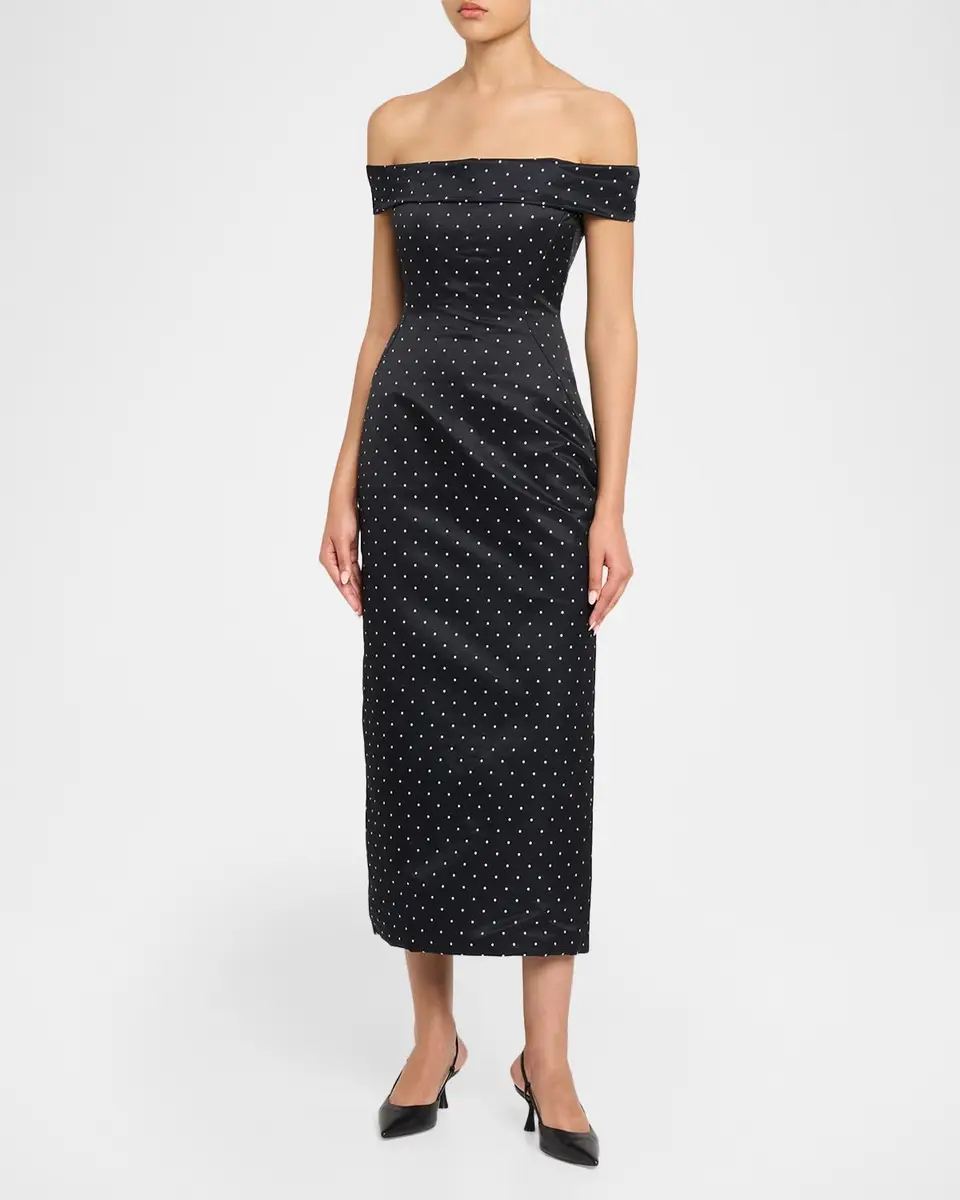 Lela Rose Polka-Dot Jacquard Off-The-Shoulder Midi Dress | Thumbnail 2 Lela Rose Polka-Dot Jacquard Off-The-Shoulder Midi Dress | Thumbnail 2