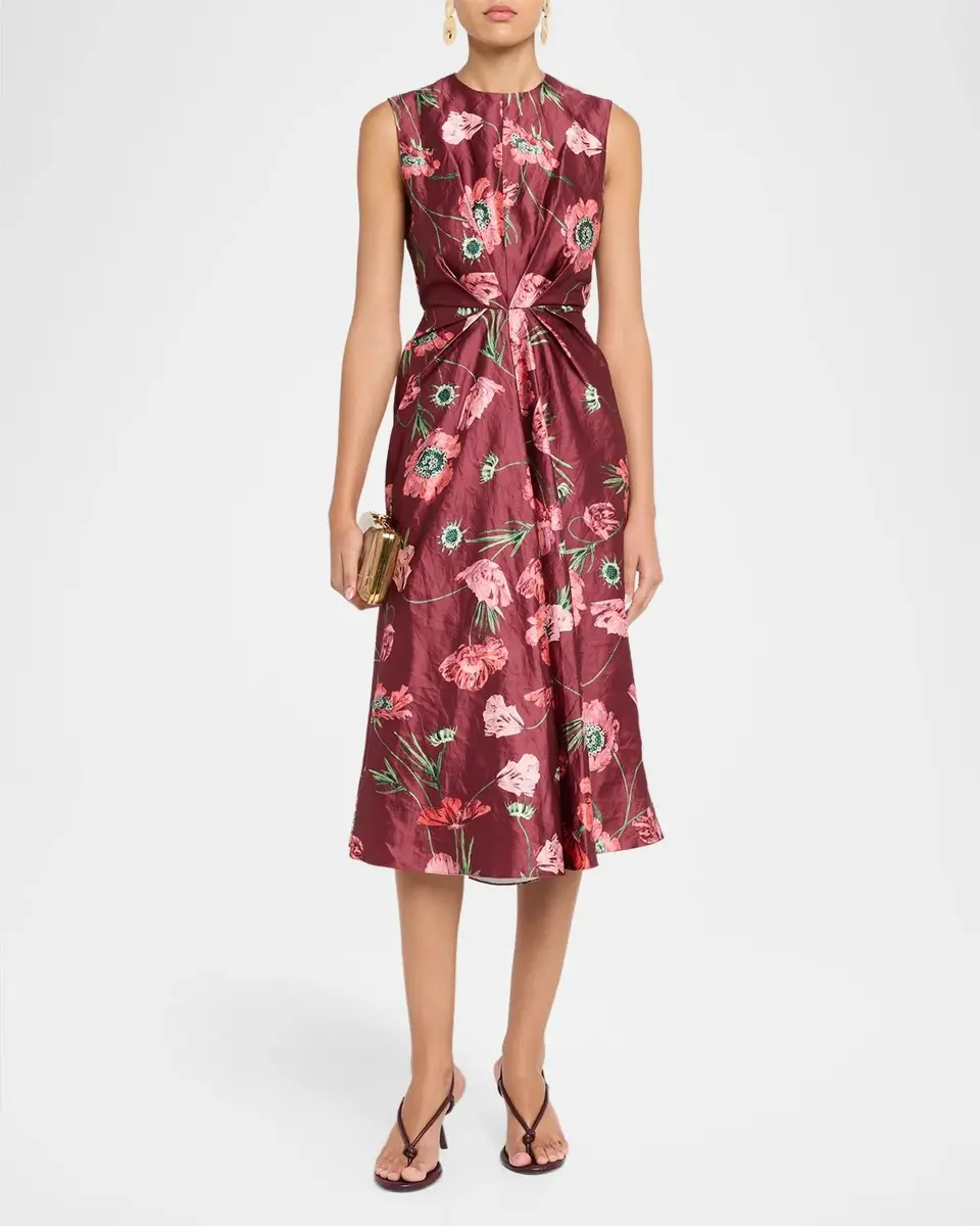 Erdem Floral Crinkled Satin Gathered Sleeveless Midi Dress | Thumbnail 2