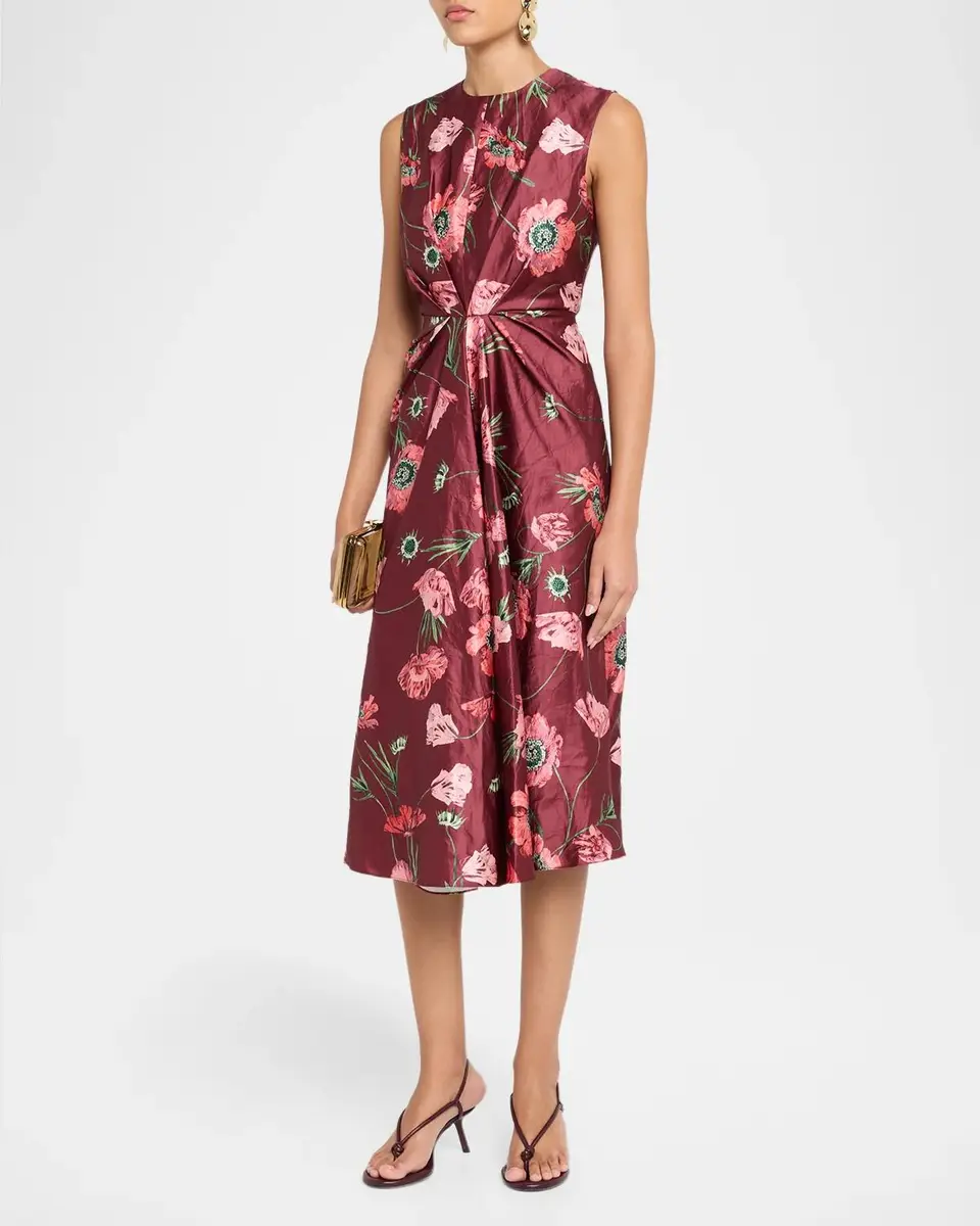 Erdem Floral Crinkled Satin Gathered Sleeveless Midi Dress | Thumbnail 4