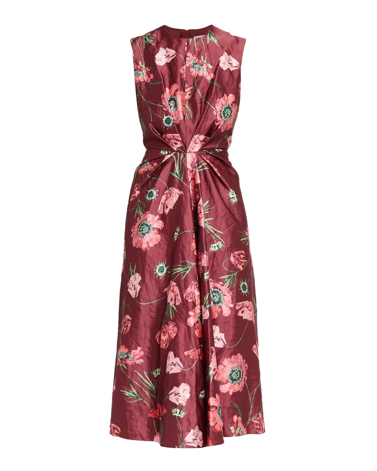 Floral Crinkled Satin Gathered Sleeveless Midi Dress