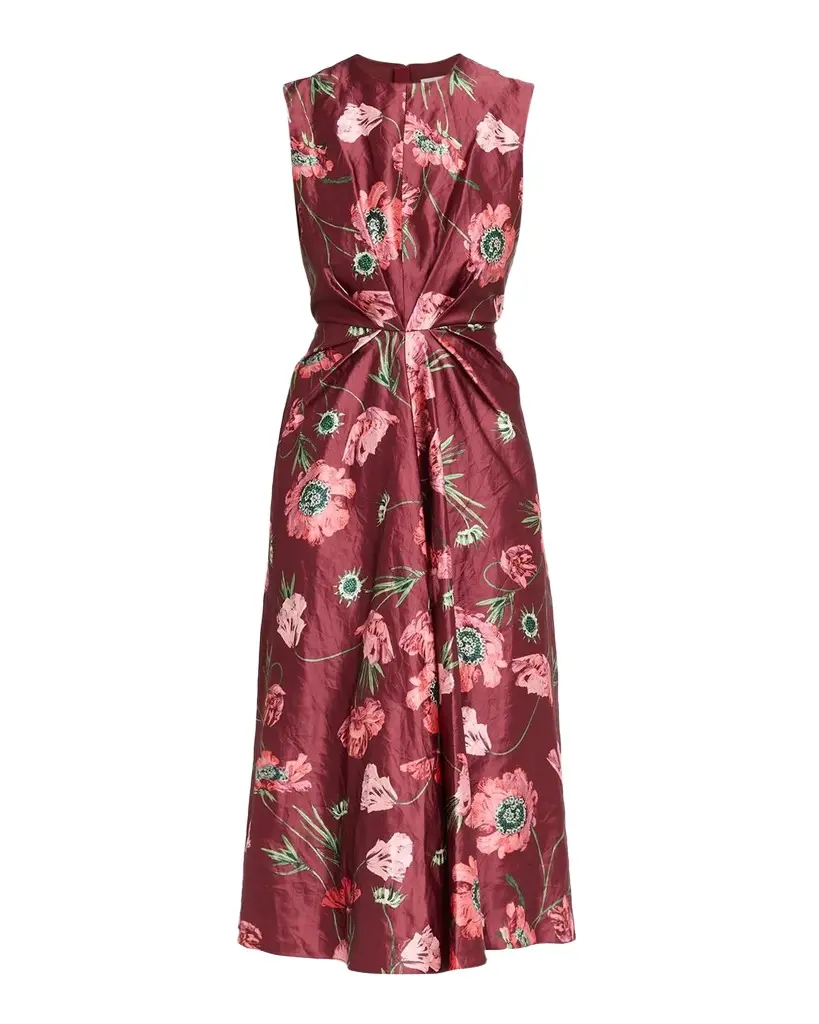 Erdem Floral Crinkled Satin Gathered Sleeveless Midi Dress | Image 1 Erdem Floral Crinkled Satin Gathered Sleeveless Midi Dress | Image 1