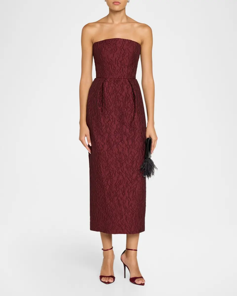 MONIQUE LHUILLIER Strapless Textured Jacquard Midi Dress | Thumbnail 2