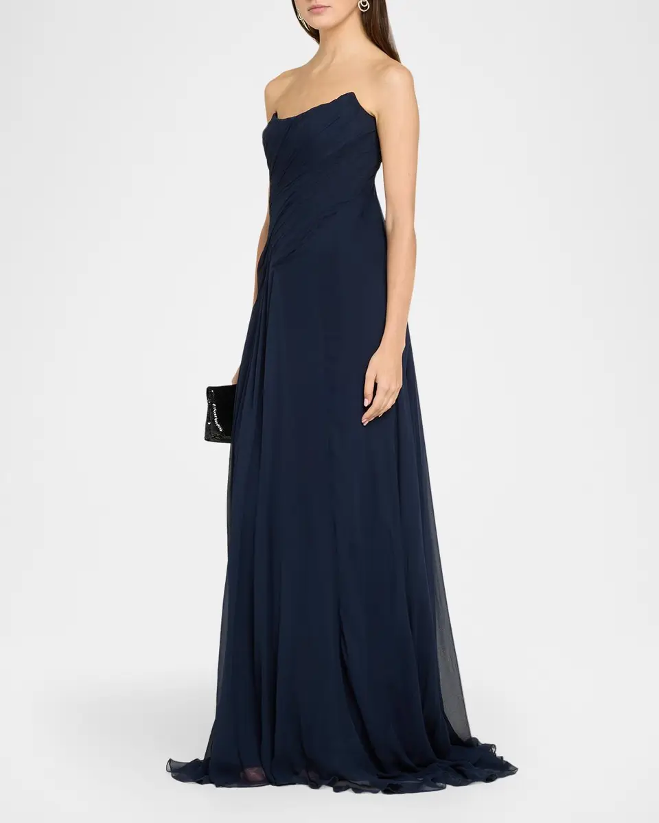 MONIQUE LHUILLIER Strapless Draped Silk Chiffon A-Line Gown | Thumbnail 4