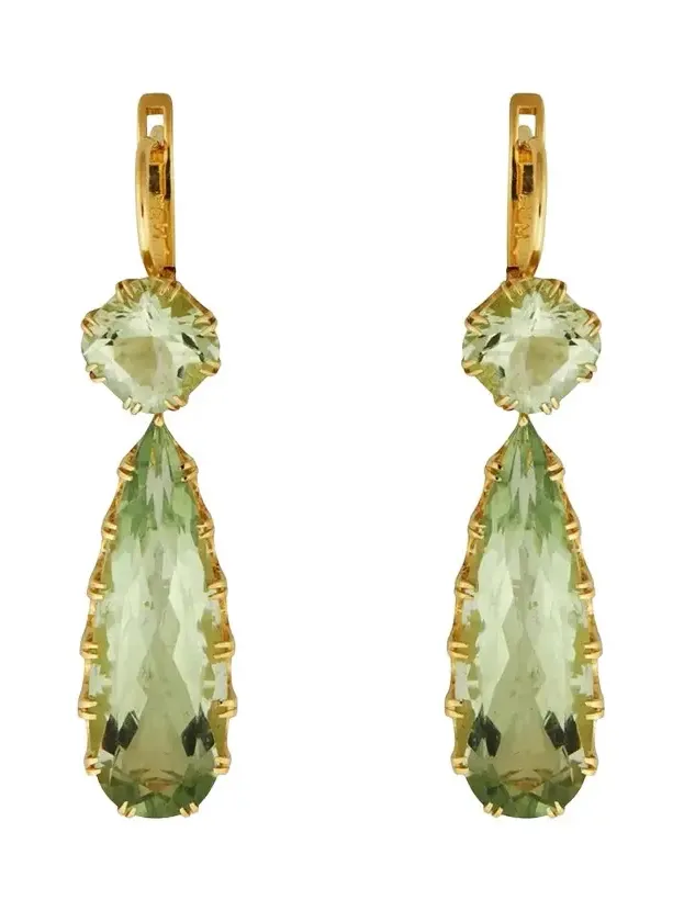 18K Yellow Gold Double Crown Drop Earrings with Green Amethyst 18K Yellow Gold Double Crown Drop Earrings with Green Amethyst