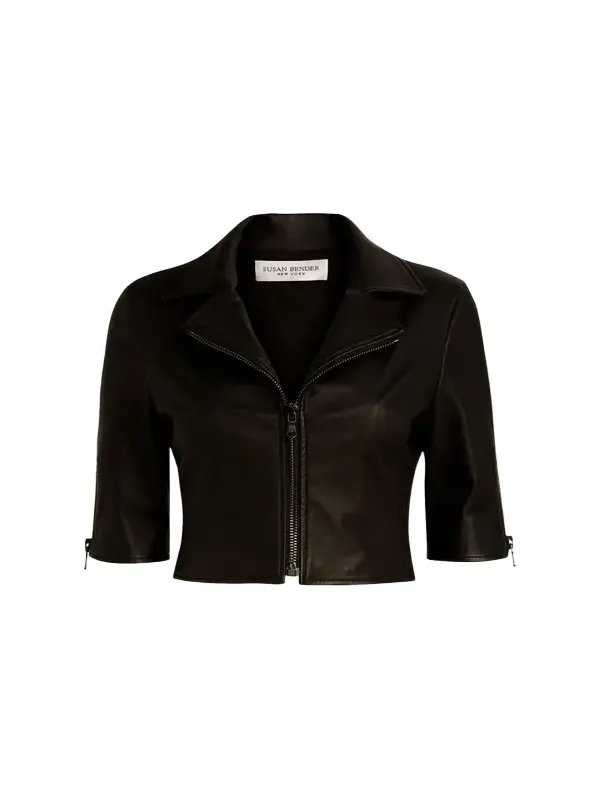 SUSAN BENDER Short-Sleeve Cropped Leather Moto Jacket
