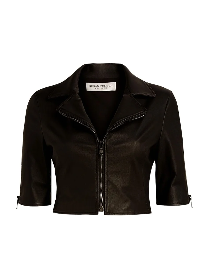 SUSAN BENDER Short-Sleeve Cropped Leather Moto Jacket