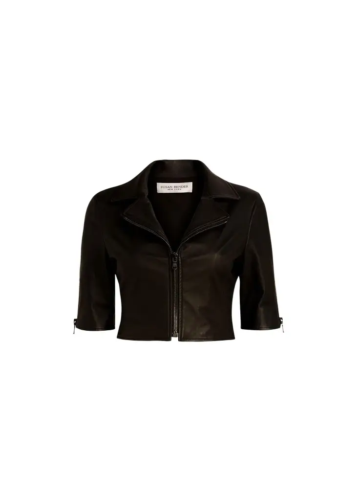 SUSAN BENDER Short-Sleeve Cropped Leather Moto Jacket