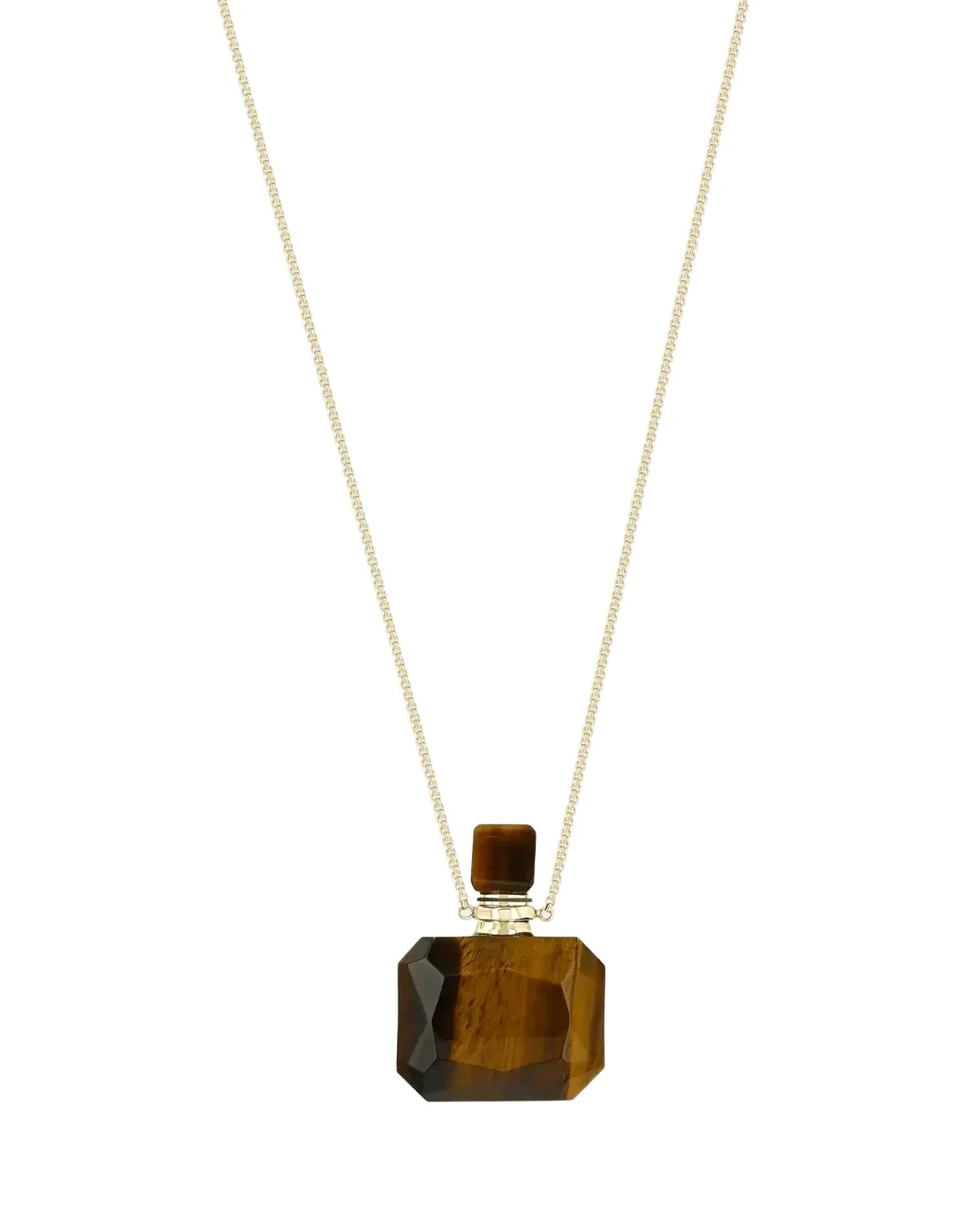14K Tiger's Eye Square Perfume Bottle Extra-Small Box Chain Necklace 14K Tiger's Eye Square Perfume Bottle Extra-Small Box Chain Necklace