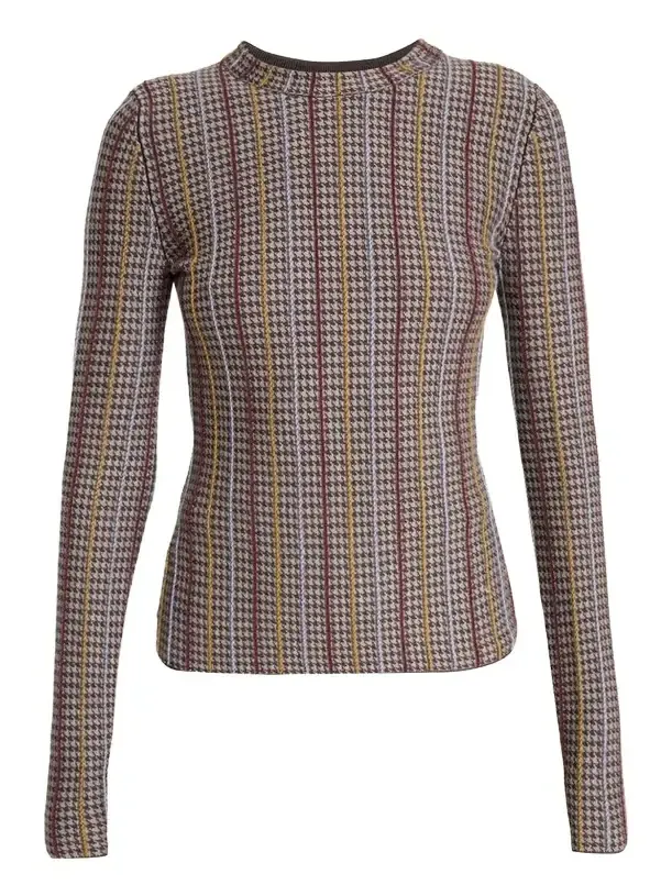 Pons Cashmere-Silk Striped Houndstooth Crewneck Sweater