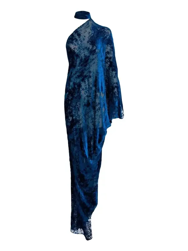 Silvia Tcherassi Anya Mock-Neck Asymmetric Velvet Burnout Maxi Dress