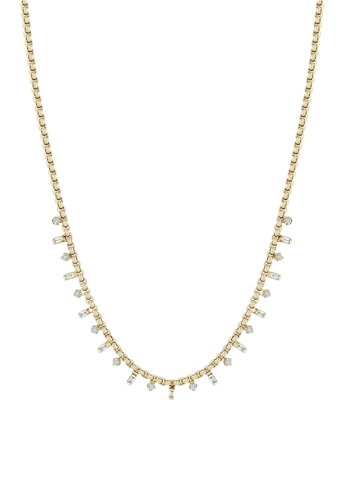 Zoë Chicco 14K Alternating Baguette and Round Diamond Small Box Chain Necklace